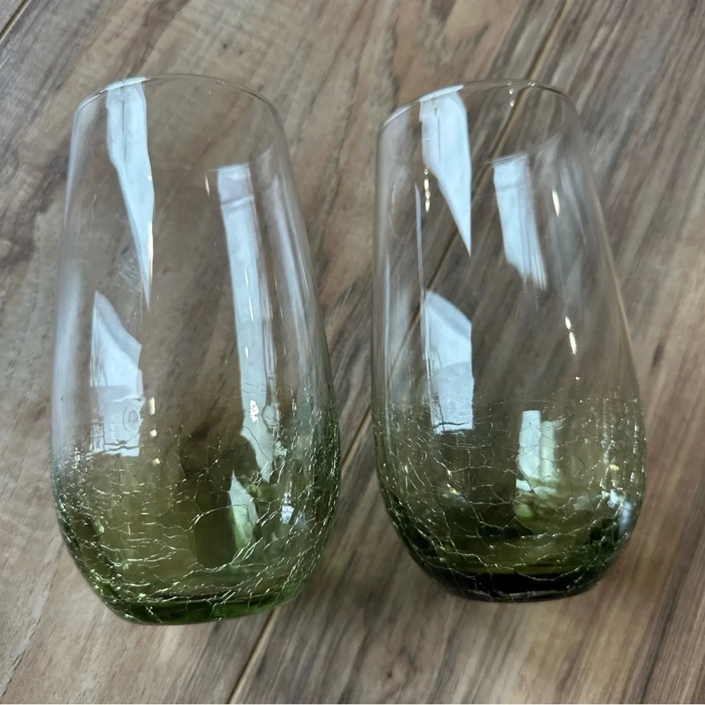 Two Pier 1 Crackle Glass Tumbler Olive Green Highball  Retired  Blown Glass